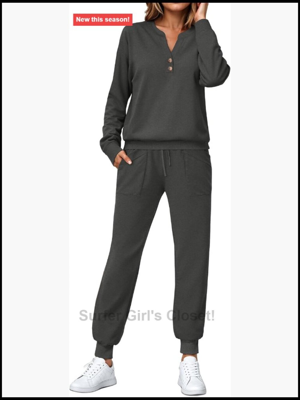 V-Neck Button Down Sweatshirt & High Waisted Joggers Lounge Set